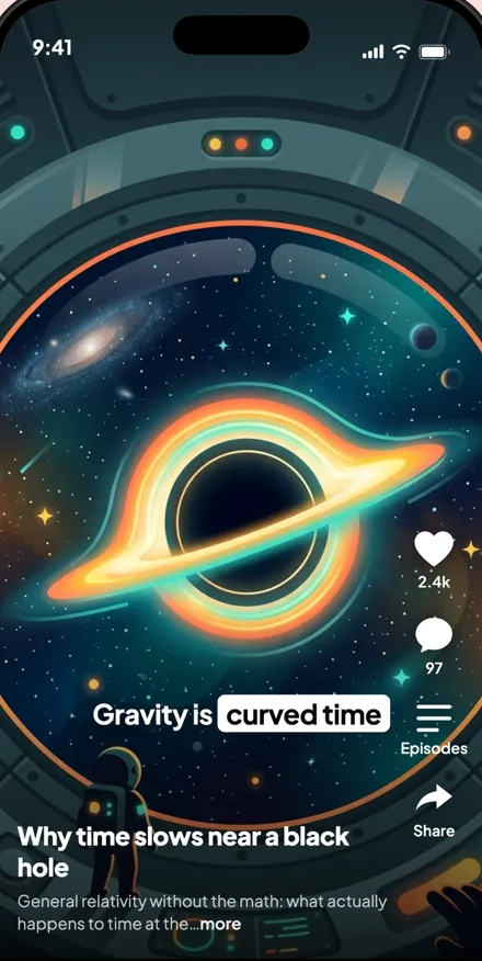 A Brainjuice feed post explaining why time slows near a black hole