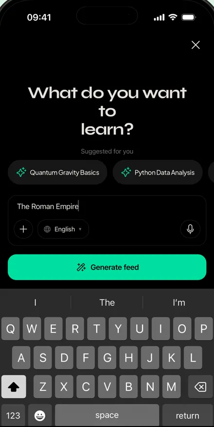 Brainjuice asking what you want to learn, with a topic typed in
