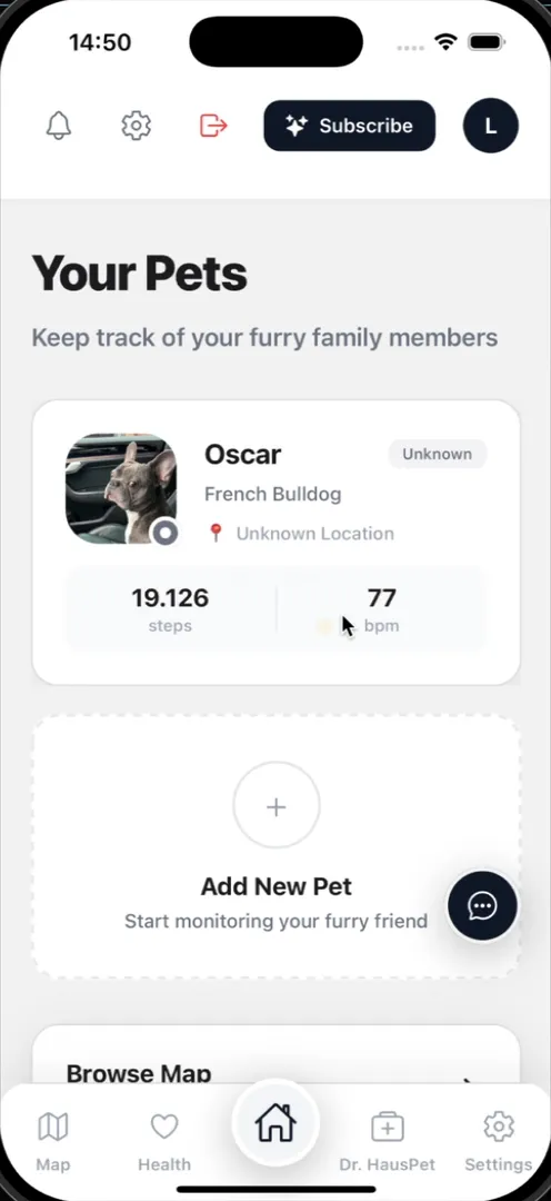 HausPet’s pet dashboard with Oscar’s profile and activity summary