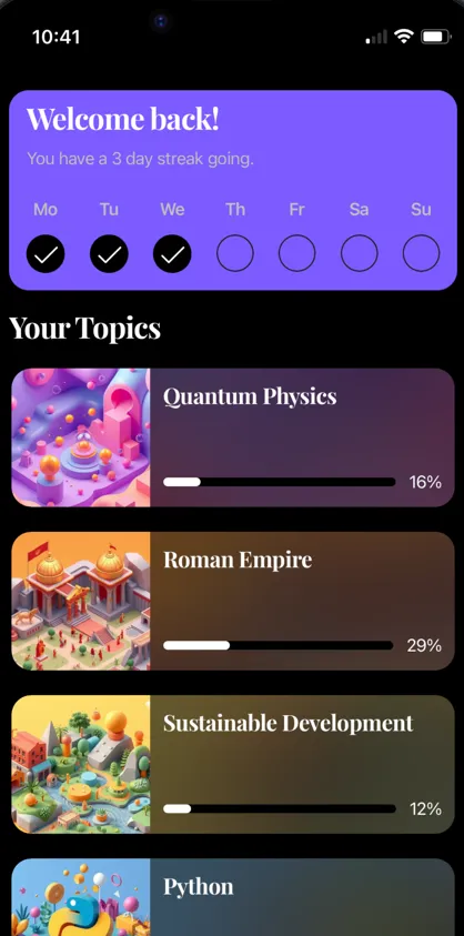 Hivemind’s home screen with a study streak and topic progress