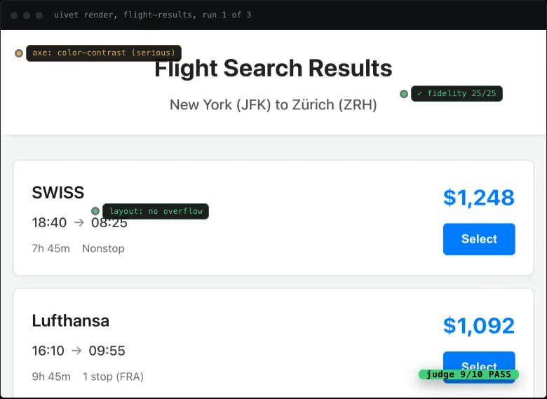 The uivet website’s demonstration of a generated flight interface with checks